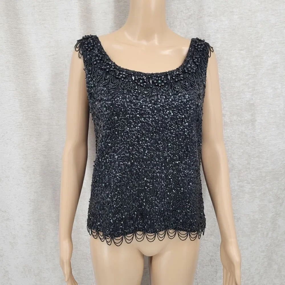 Helen Wong Vintage 60s Black Wool Beaded Sequin Glam Sleeveless Top